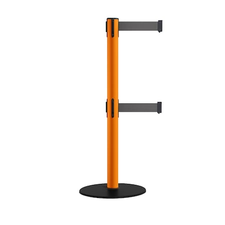 Retractable Dbl Belt 2.5 Orange Post , Low Base, 9' Dk Gry Belt